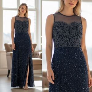 Laurence Kazar Vintage Women’s Plus 1X Navy Silk Beaded Gown Long Formal Dress